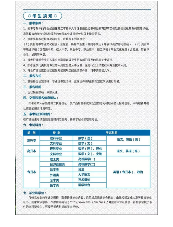广西成人高等学历教育各高校招生简章